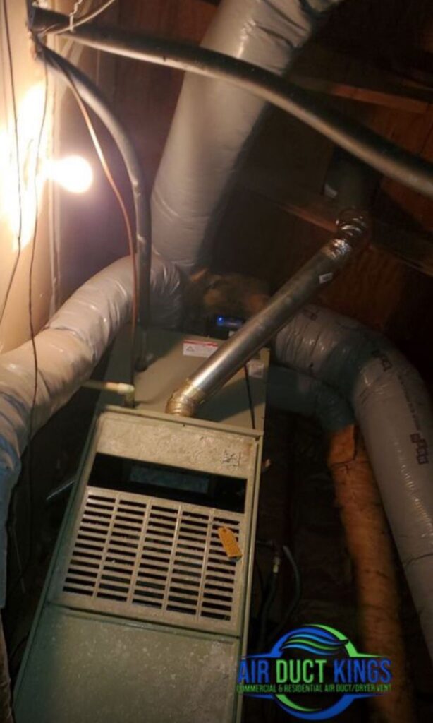 Furnace in an Orange County attic before cleaning